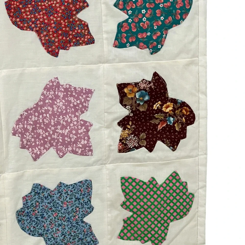 Handmade Leaf Applique Scrappy Patchwork Quilt Cottagecore Wall Hanging 32x48